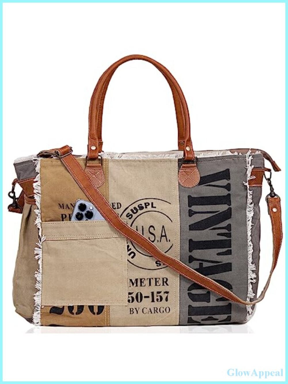 Vintage Patchwork Canvas Tote Bag with Genuine Leather Handles Large Capacity